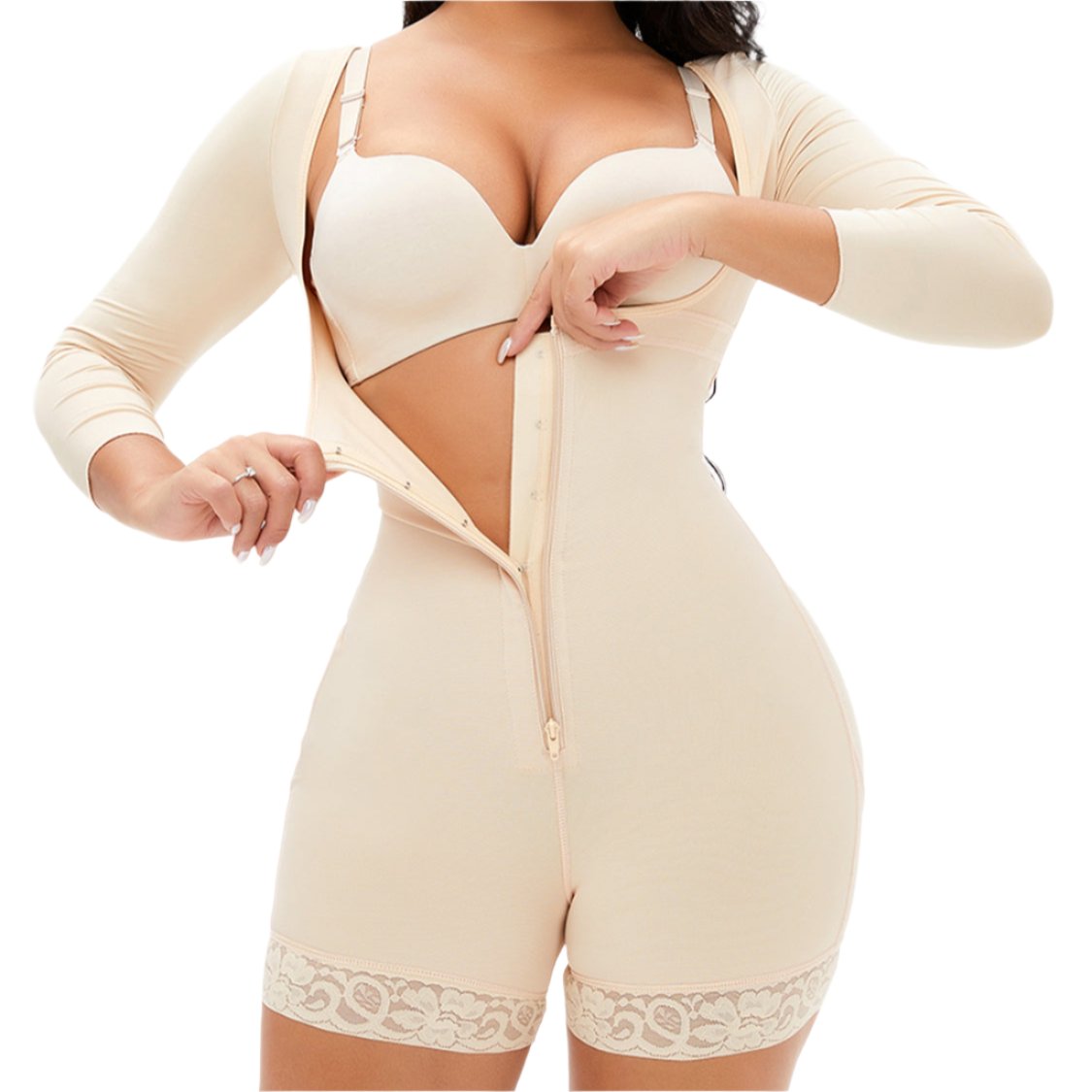 Zip Up Lace Detail Long Sleeve Shapewear