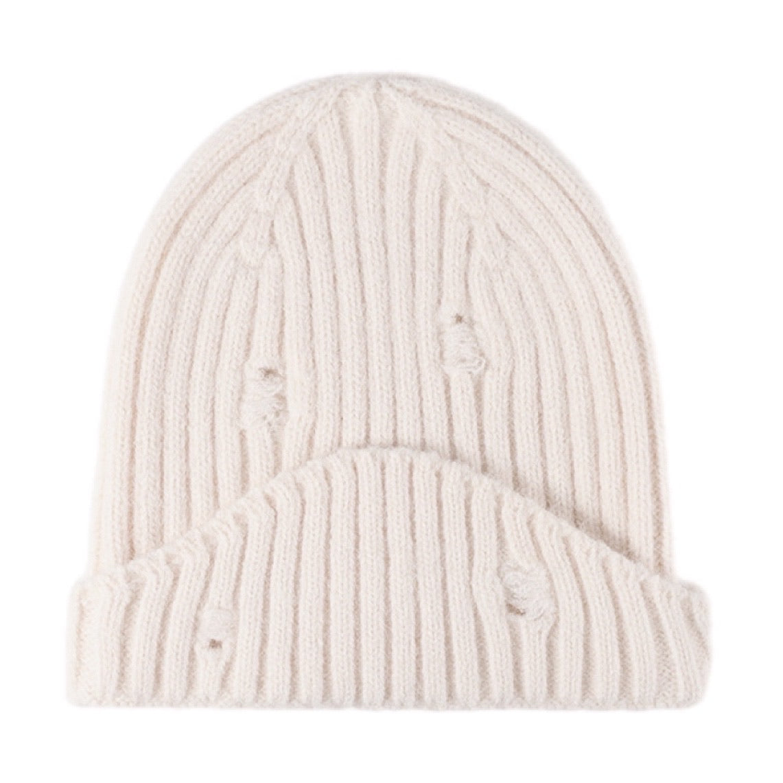 Distressed Rib-Knit Beanie