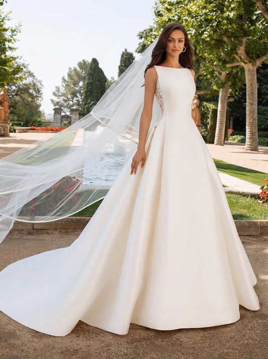 Satin Sleeveless Wedding Gown with Lace Accents