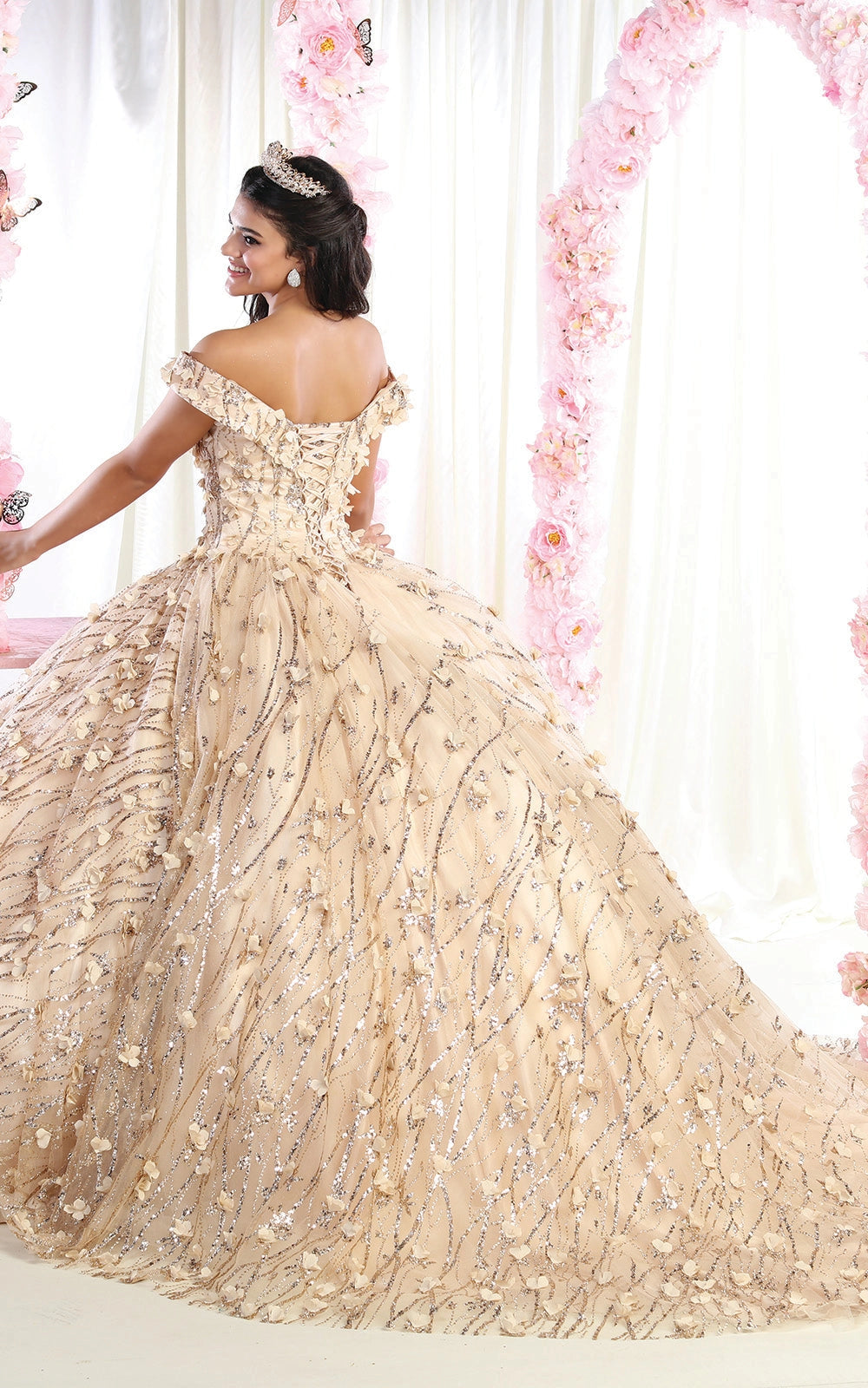 Glitter Off Shoulder Plus Size Floral Ball Gown