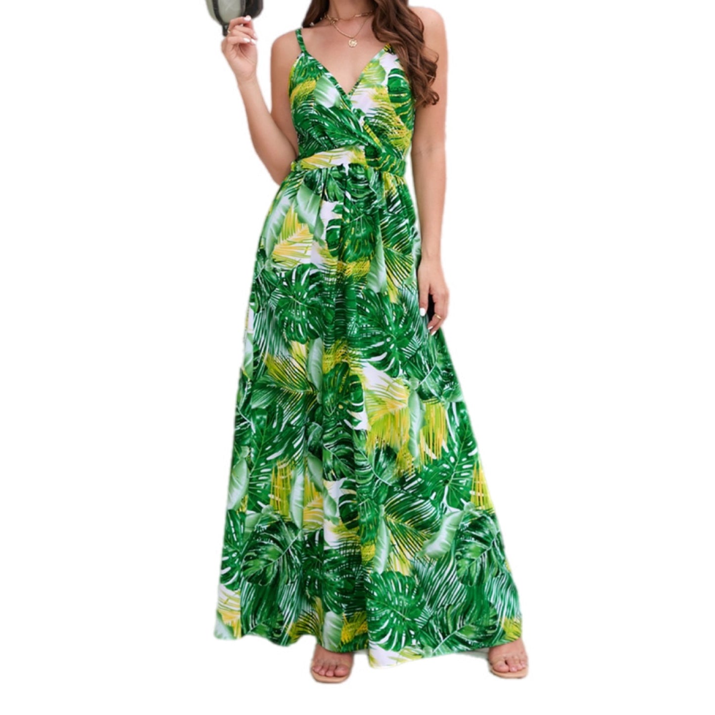 Tropical Print V-Neck Maxi Dress