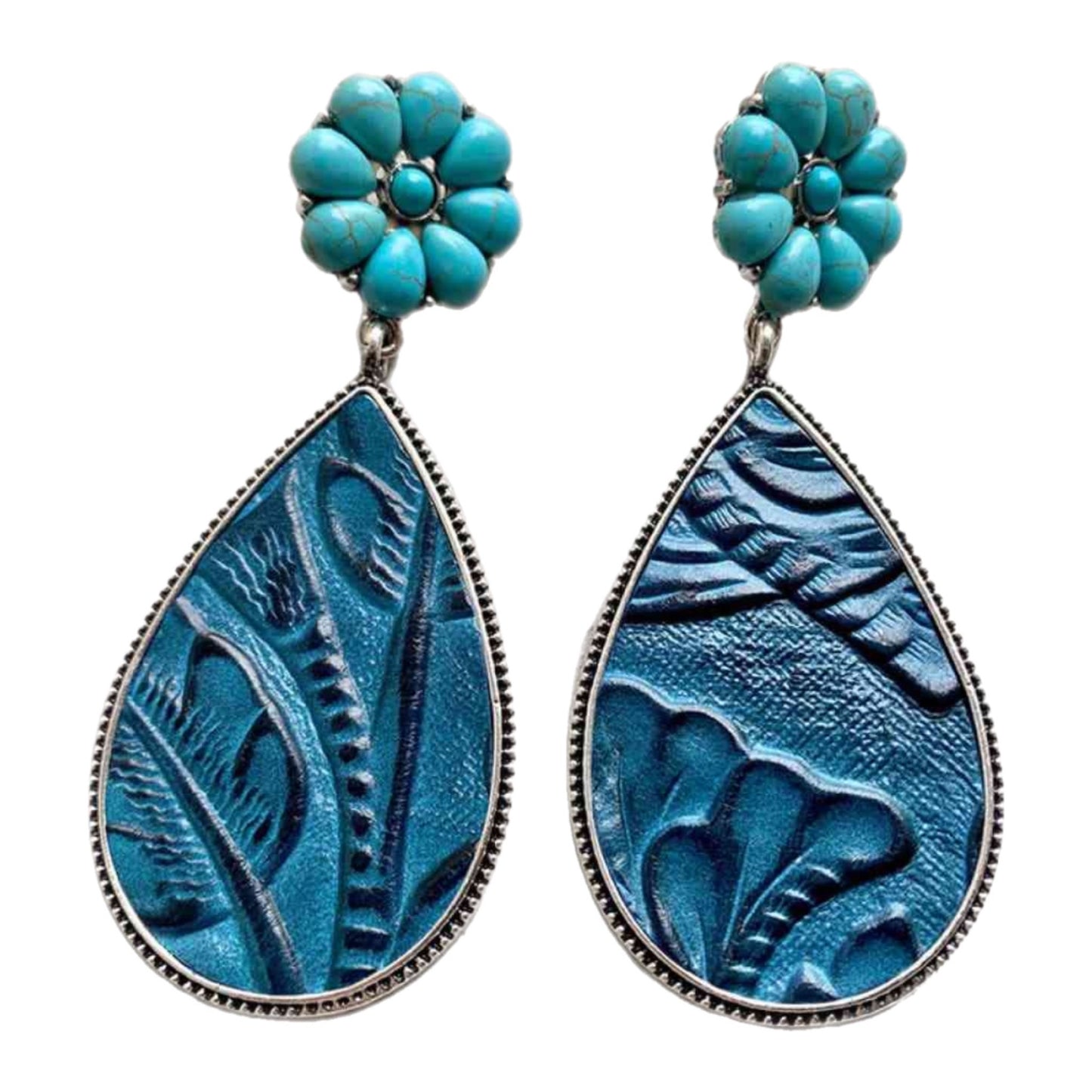 Turquoise Flower Dangle Stud Earrings with Vegan Leather