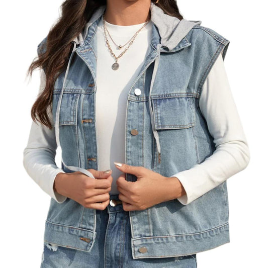 Drawstring Button Up Denim Vest