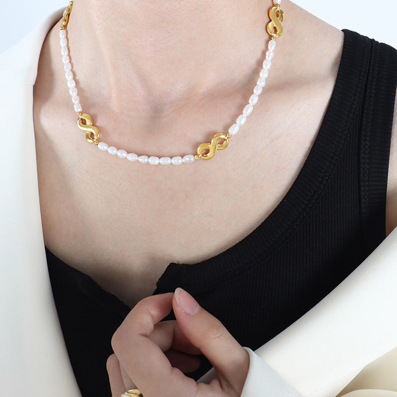 Freshwater Pearl Necklace with Gold Steel Accents