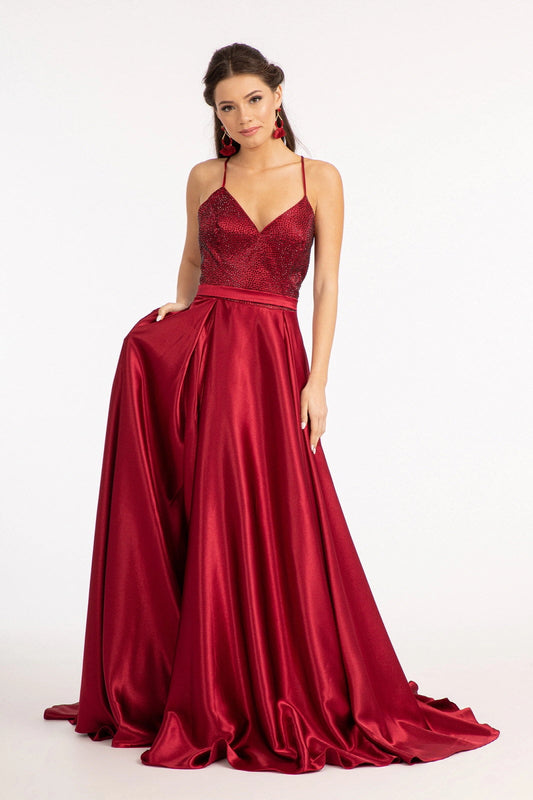 Satin Open Back V-Neck Long Formal Prom Dress