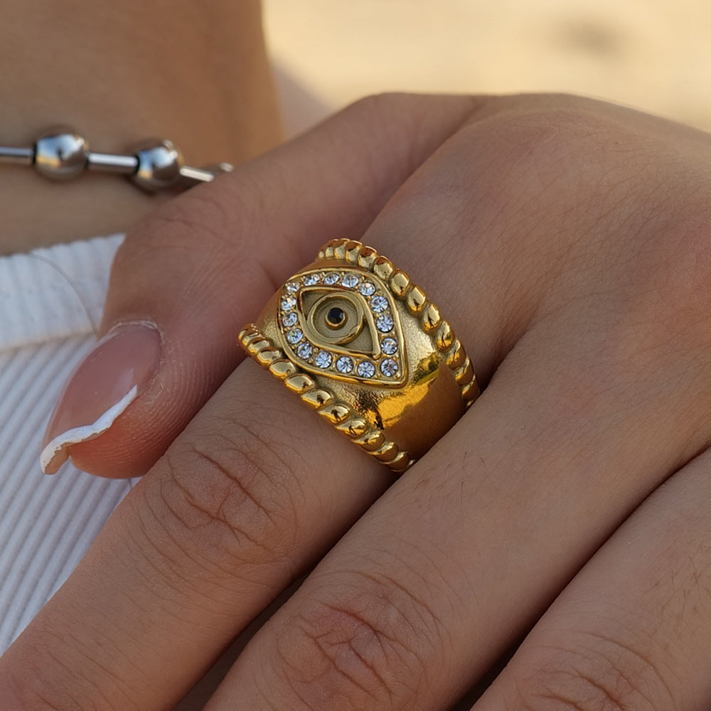 Gold Steel Evil Eye Ring with CZ Accents