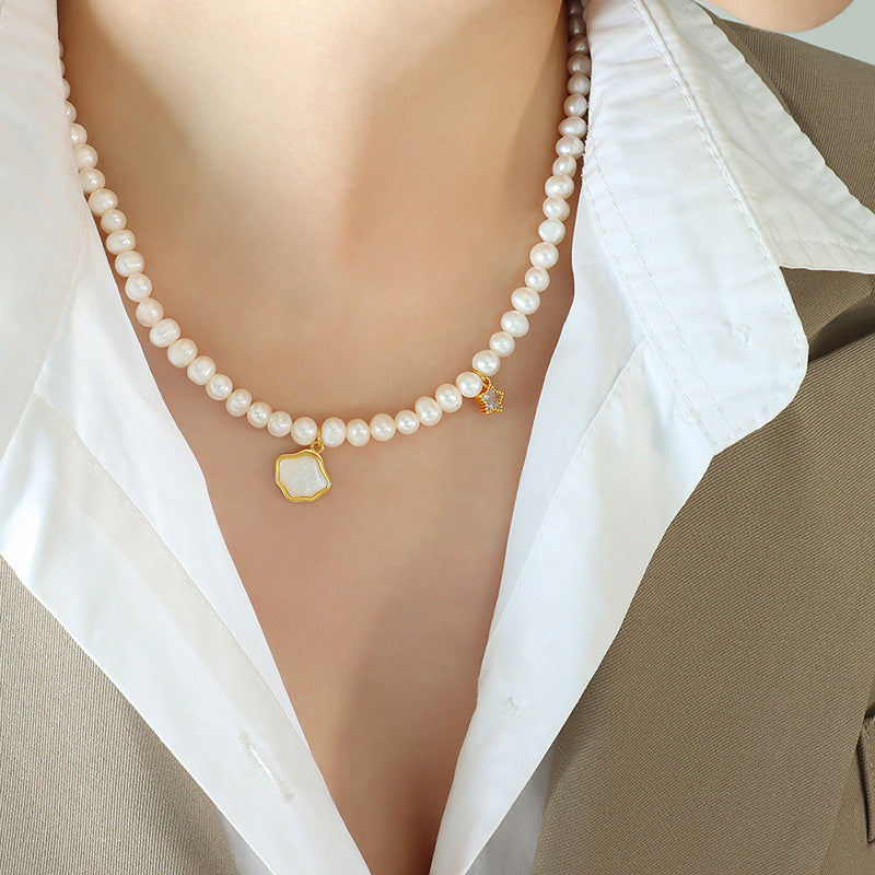 Freshwater Pearl Necklace with Gold Shell Charm