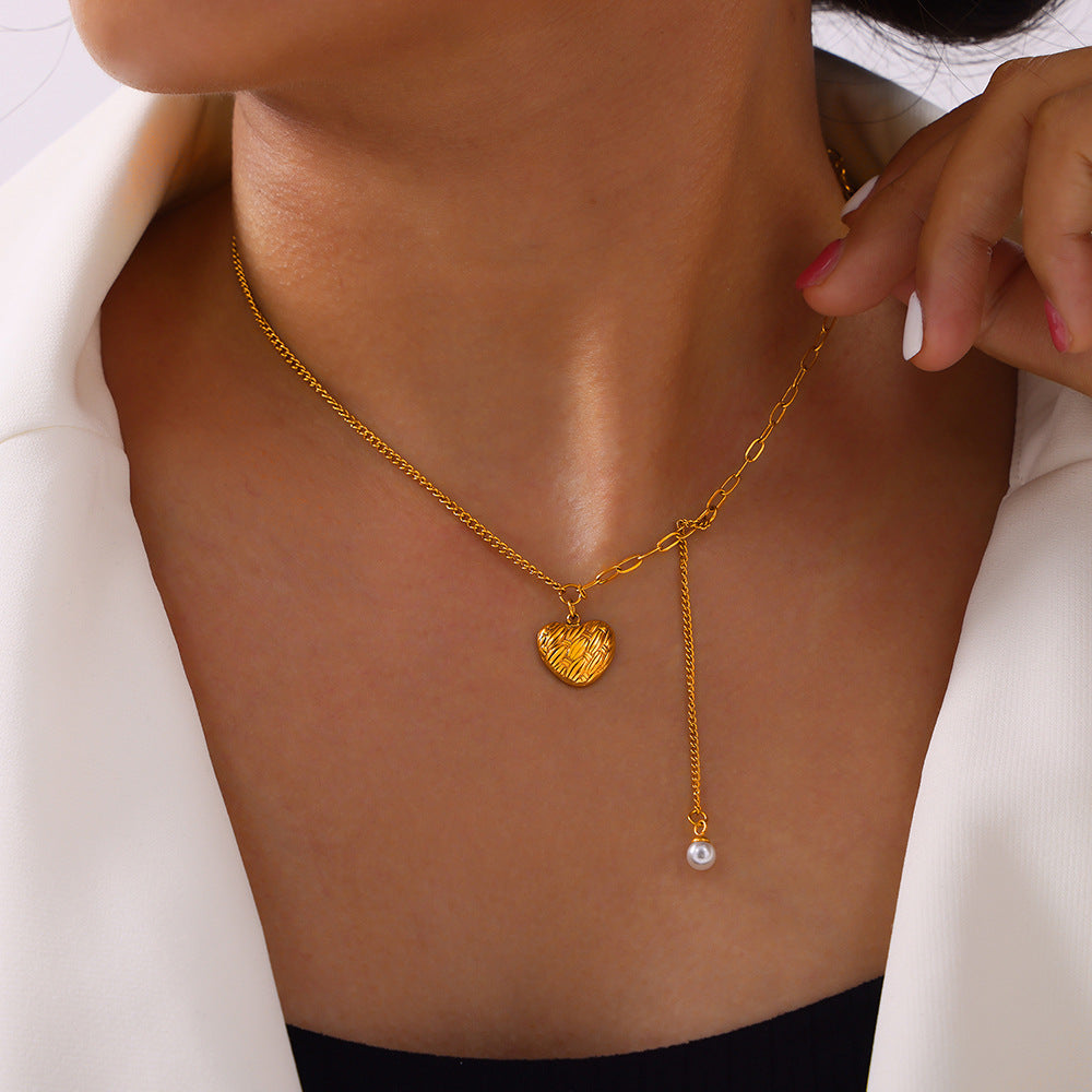 Gold Steel Pearl & Heart Lariat Necklace