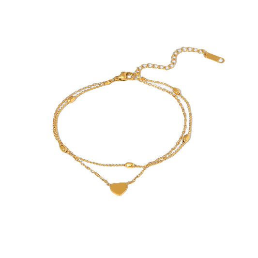 Gold Steel Heart Layered Charm Anklet