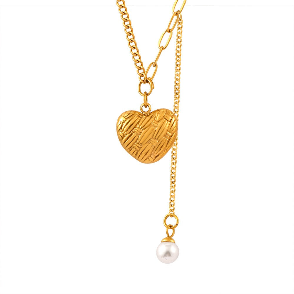 Gold Steel Pearl & Heart Charm Necklace