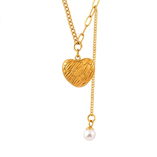 Gold Steel Pearl & Heart Charm Necklace