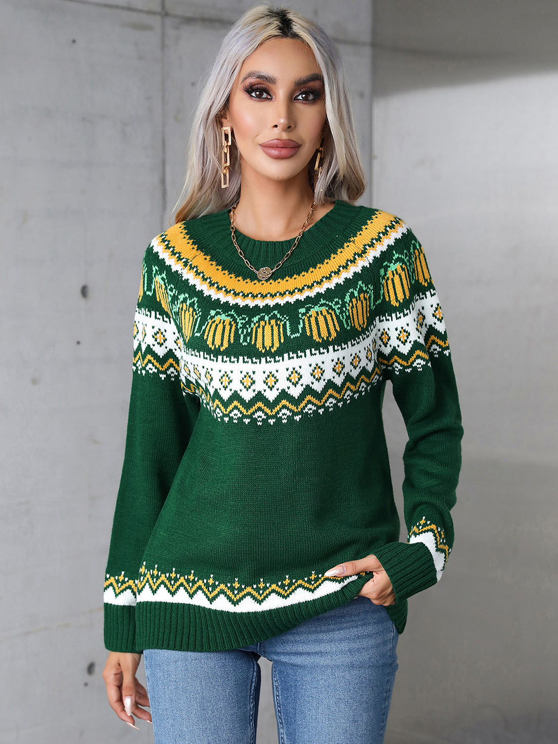 Pumpkin Print Round Neck Sweater