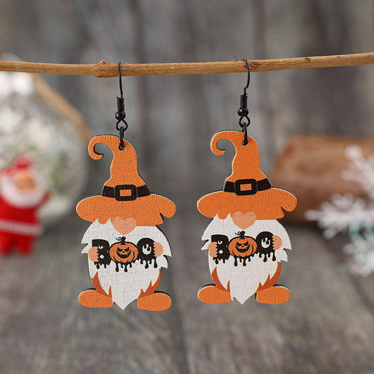 Wooden BOO Dwarfs Pumpkin Dangle Earrings