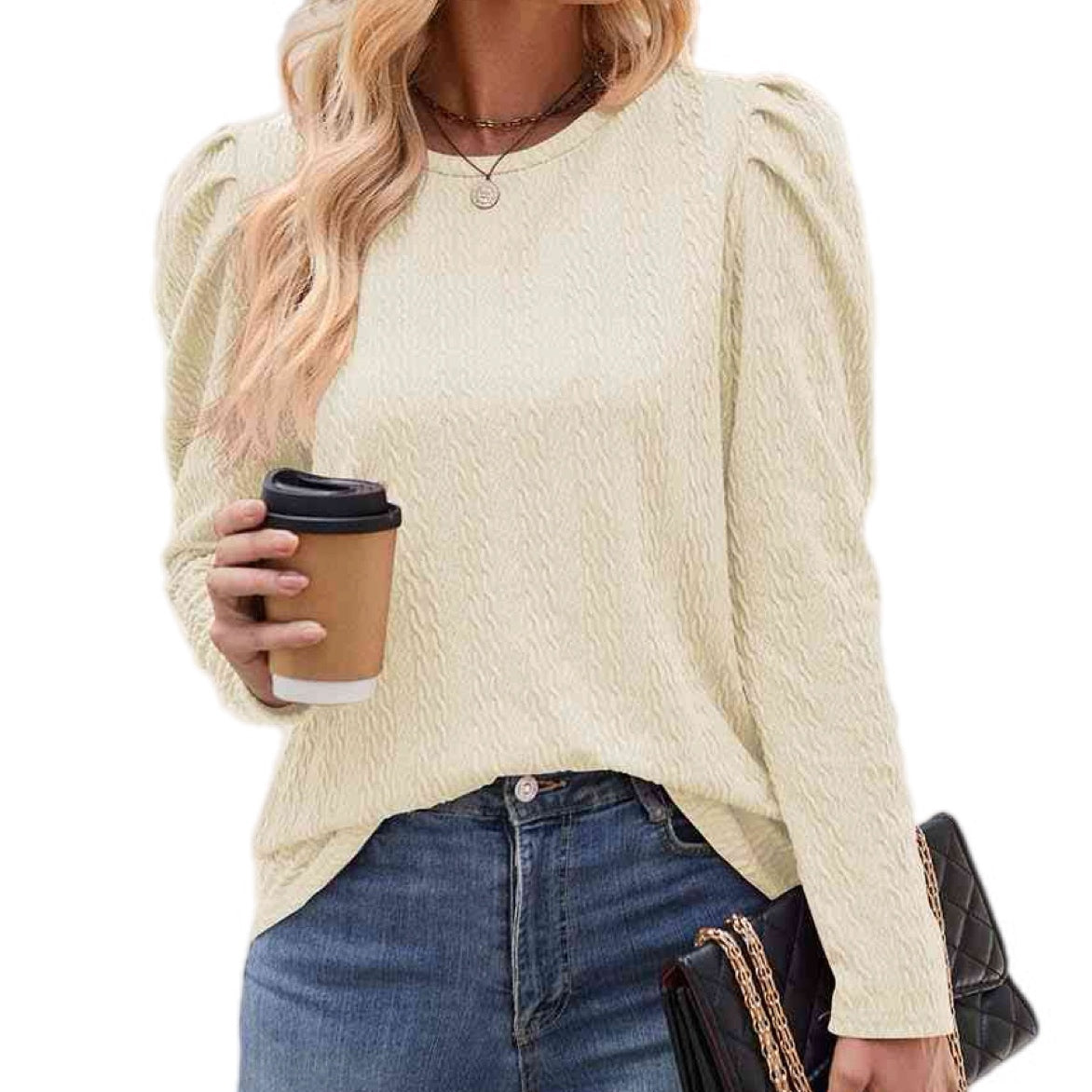 Chic Round Neck Puff Sleeve Blouse