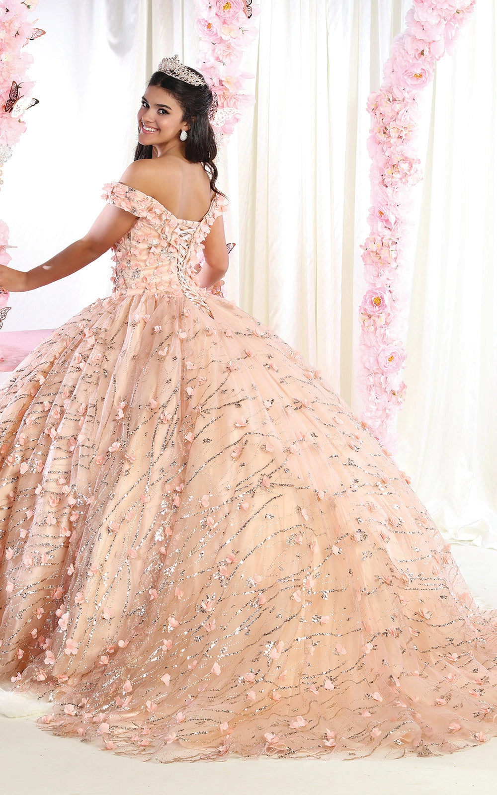 Glitter Off Shoulder Plus Size Floral Ball Gown