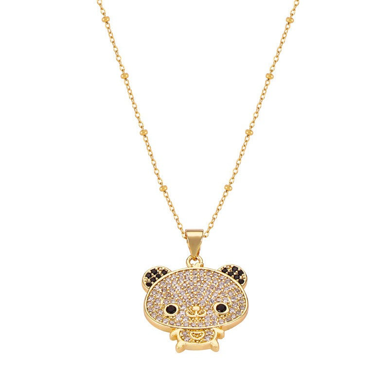 Gold Steel Teddy Bear CZ Charm Necklace