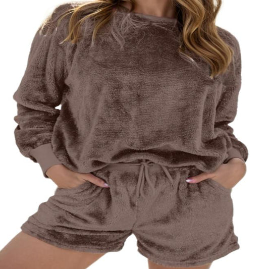 Round Neck Long Sleeve Top & Shorts Lounge Set