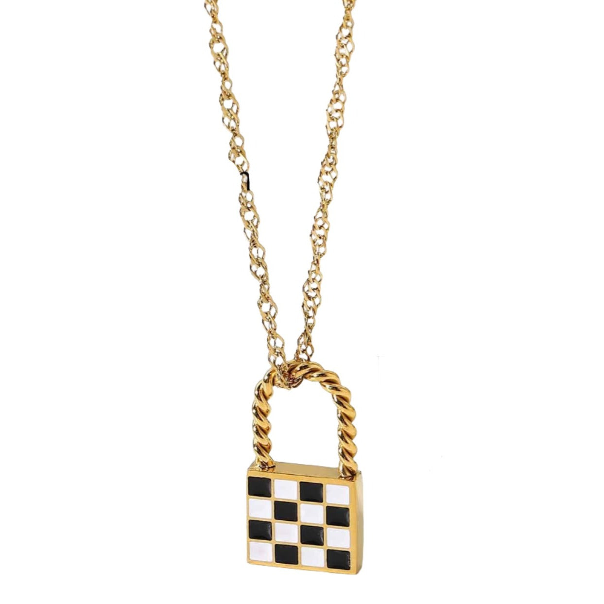 Gold Checkered Charm Necklace