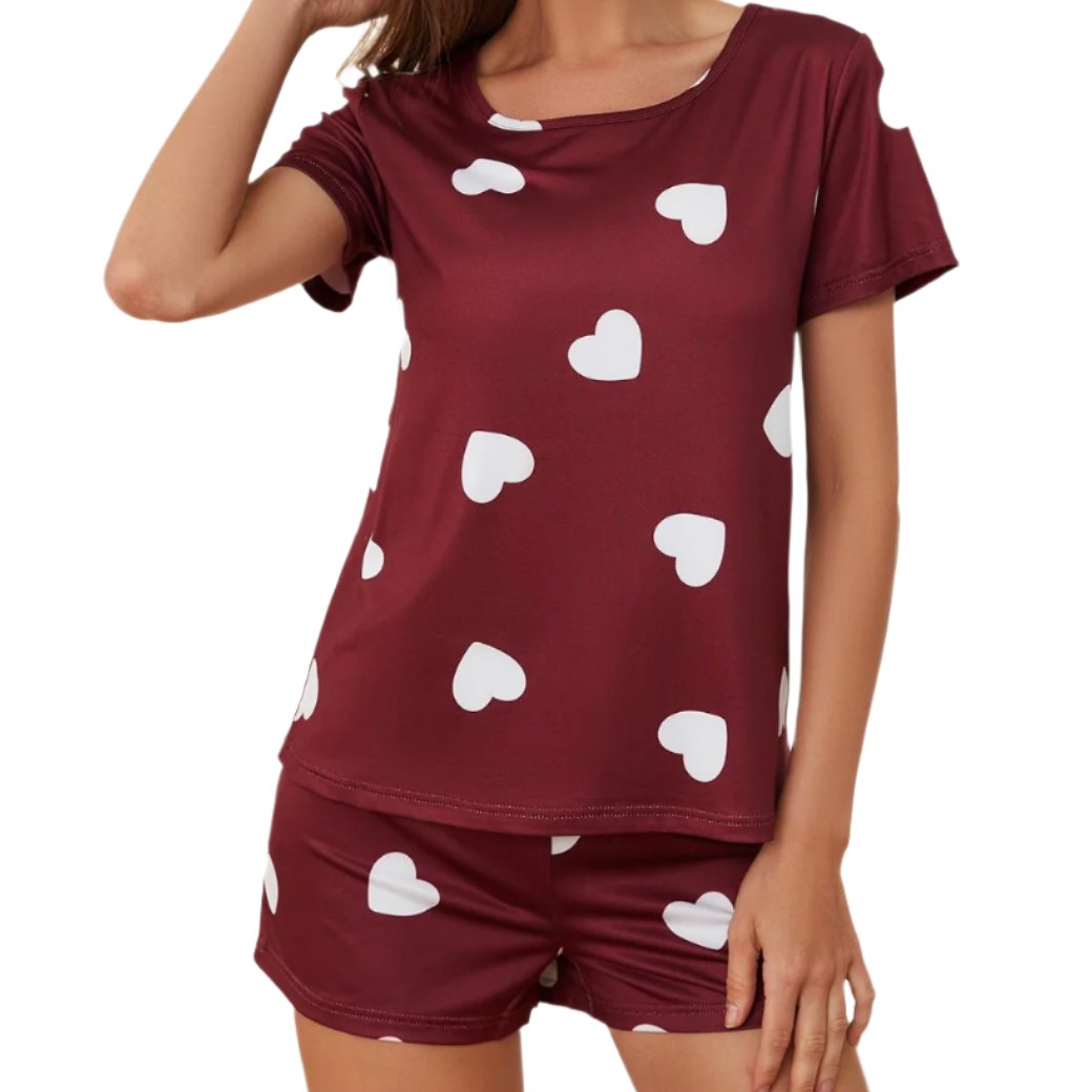 Heart Round Neck Top & Shorts Pajama Set