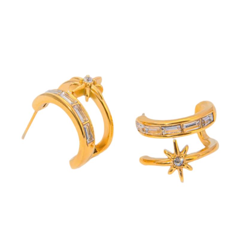 Gold Steel & CZ Hoop Stud Earrings