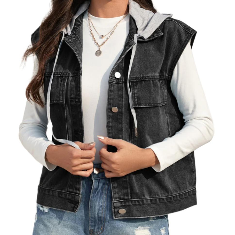 Drawstring Button Up Denim Vest