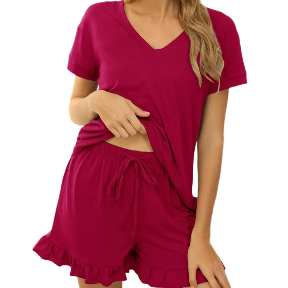 V-Neck Short Sleeve Top & Drawstring Shorts Pajama Set