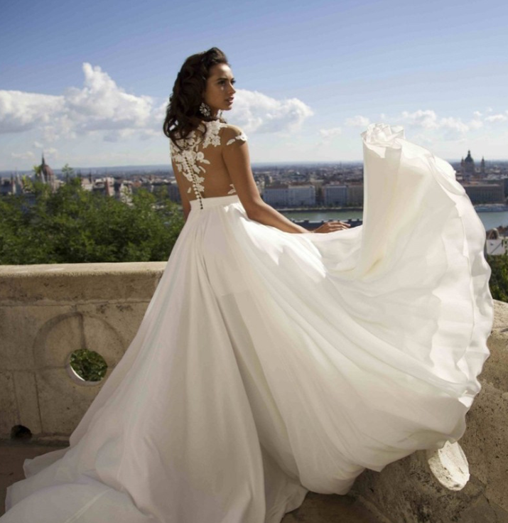 Short Sleeve Wedding Dress with High Slit & Lace Detailing