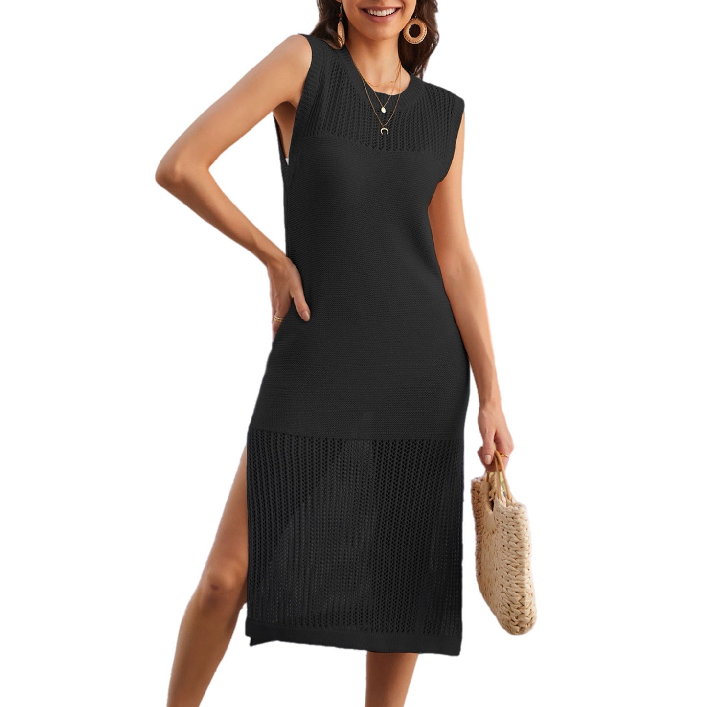 Slit Round Neck Sleeveless Sweater Dress