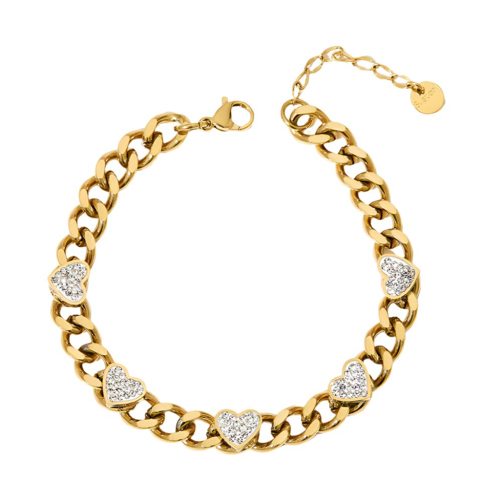 Heart Chain Charm Bracelet in Gold or Silver Steel with CZ Accents