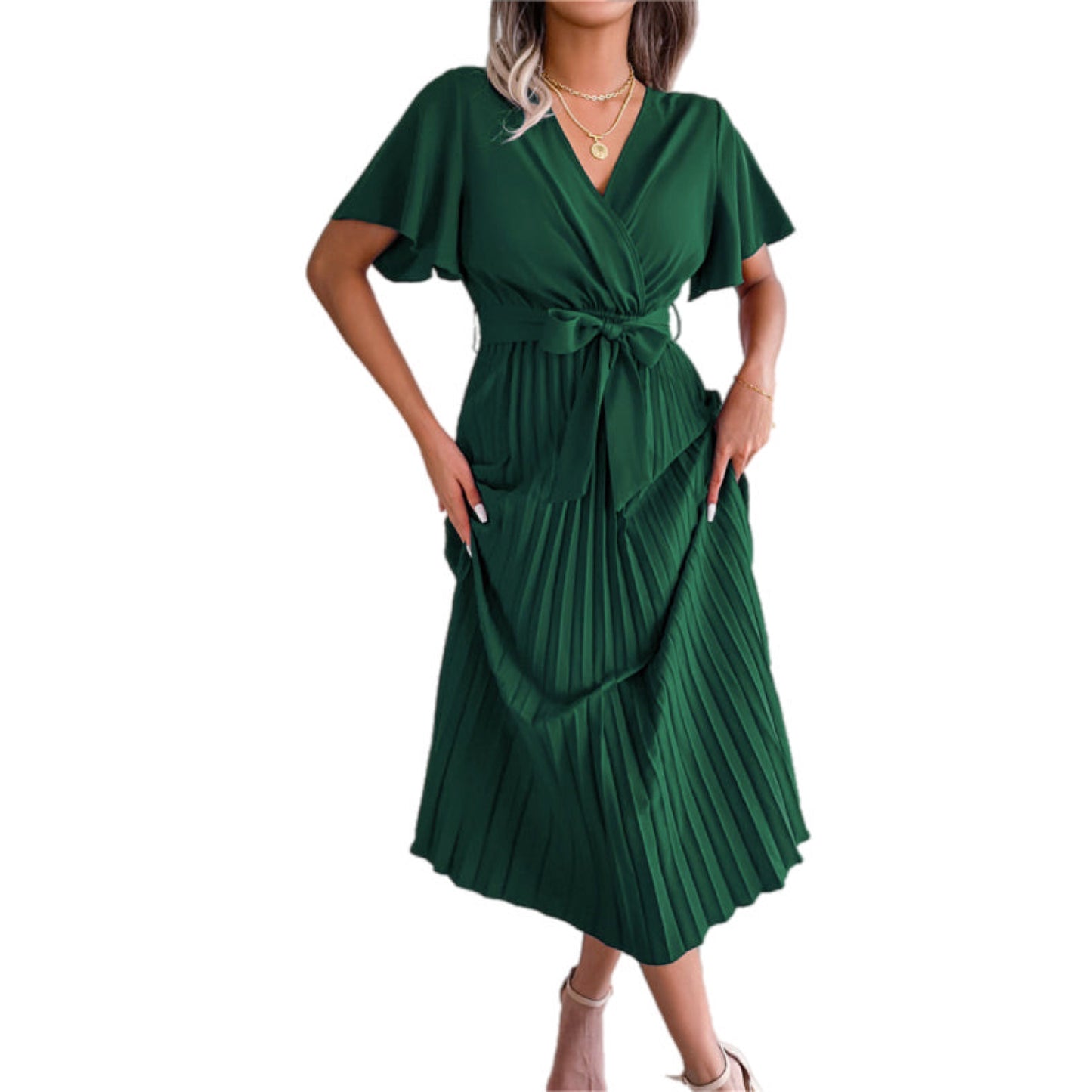 V-Neck Pleated Midi Dress