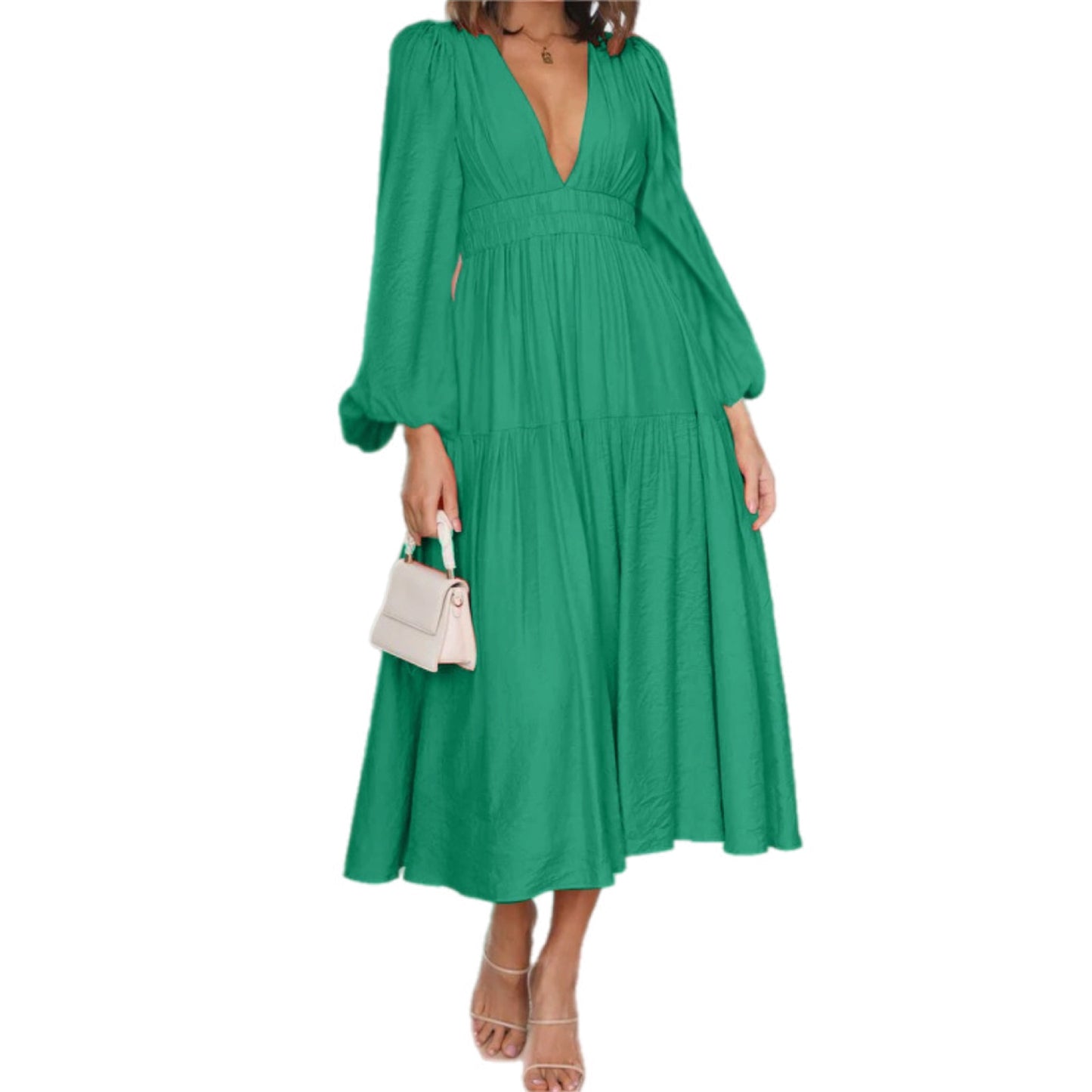 Deep V-Neck Balloon Sleeve Plain Maxi Dress