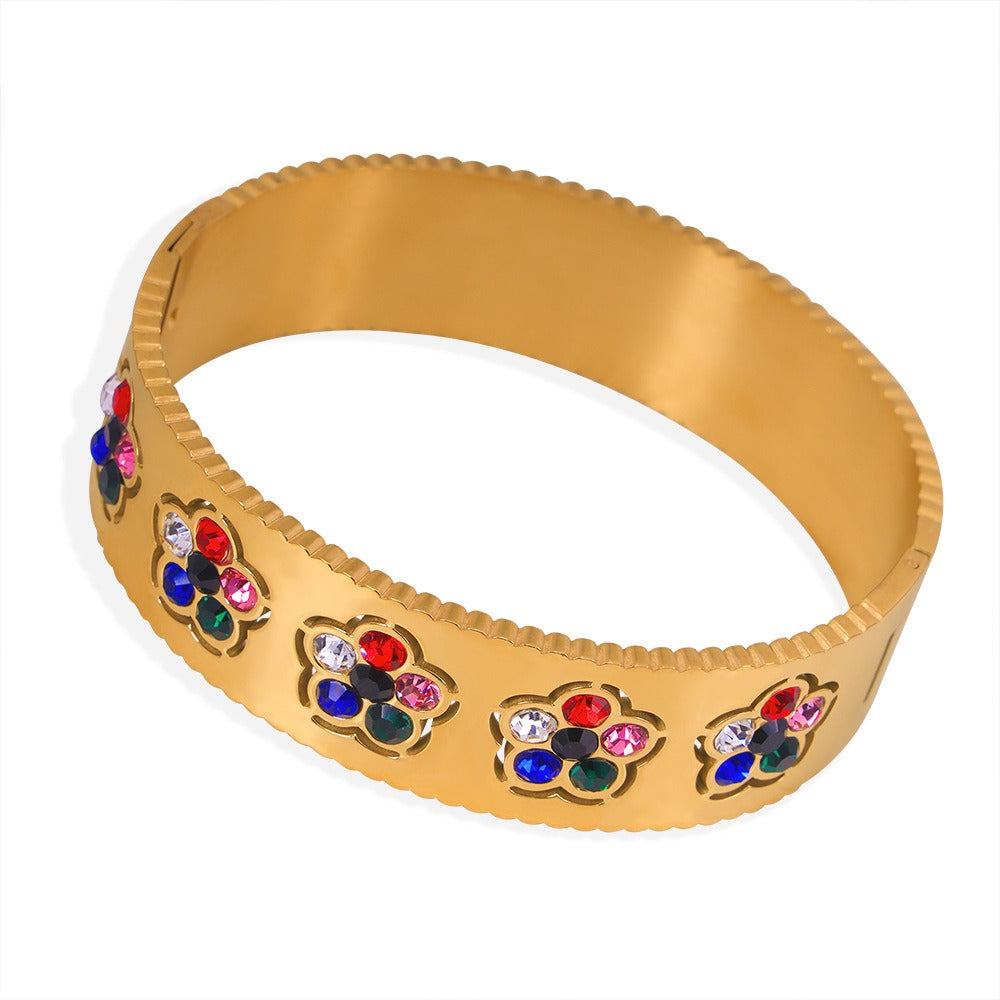 Gold or Silver Steel Flower Bangle Bracelet with CZ Accents