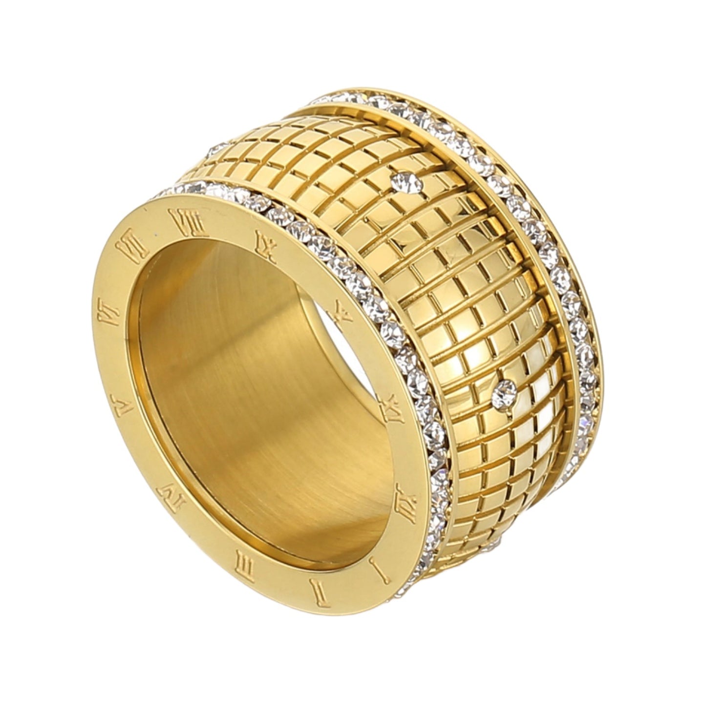 Dazzle Grid Rhinestone Embedded Stainless Steel Ring