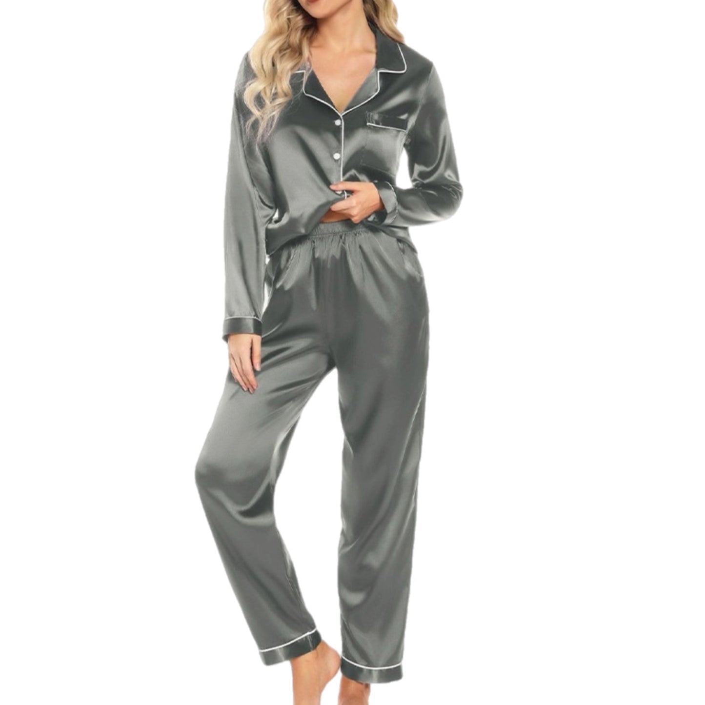 Silk Long Sleeve Two Piece Pajama Pant Set