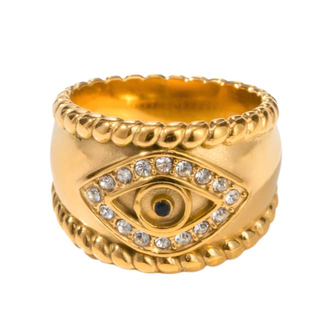 Gold Steel Evil Eye Ring with CZ Accents