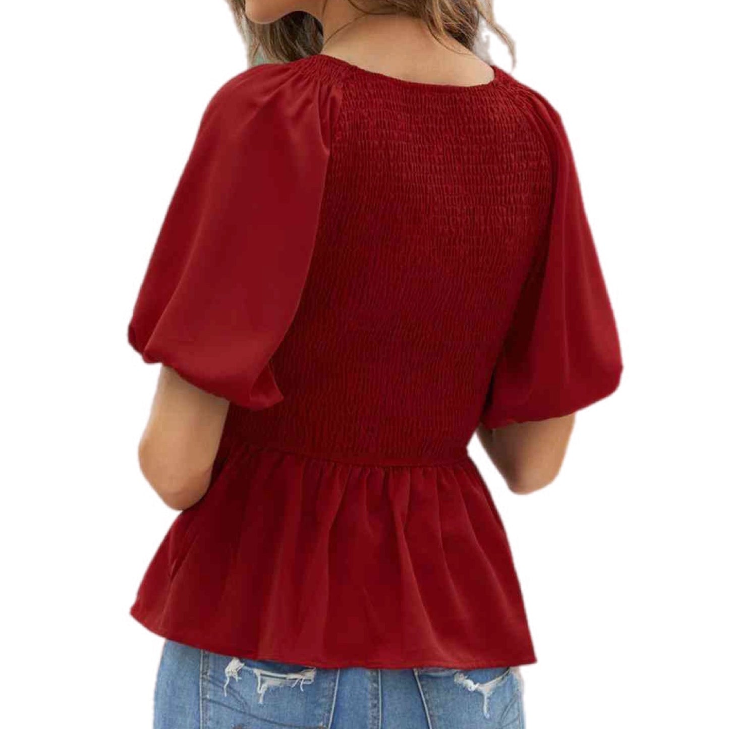 Smocked Balloon Sleeve Peplum Blouse