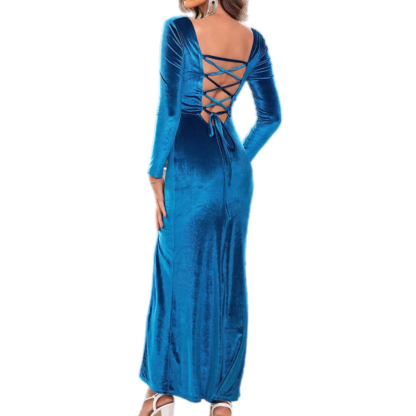 Tie Back Velvet Slit Evening Gown