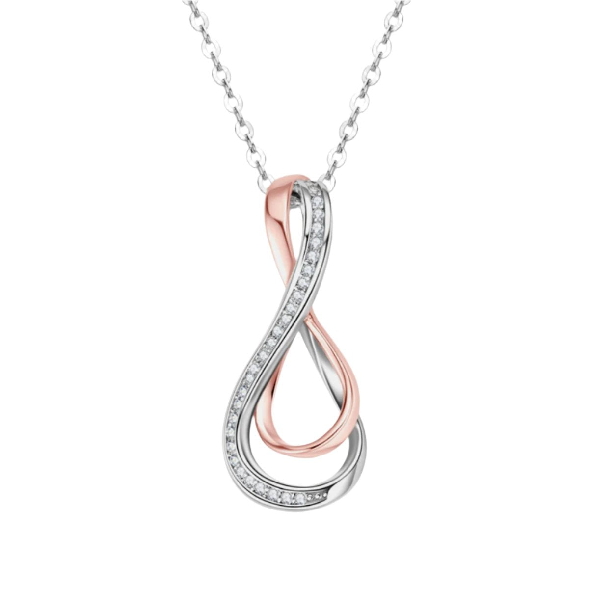 925 Sterling Silver & Rose Gold Infinity Charm Necklace with Moissanite Pave