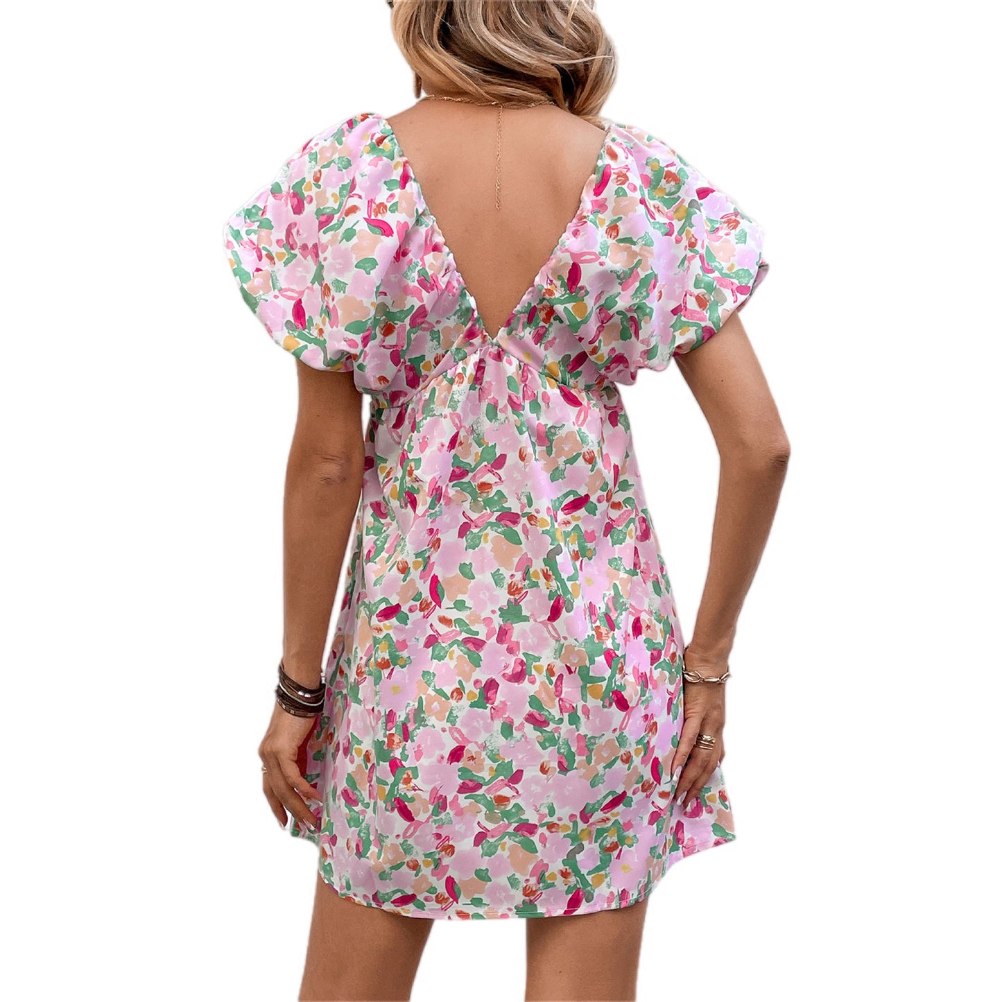 Printed V-Neck Puff Sleeve Short Dress