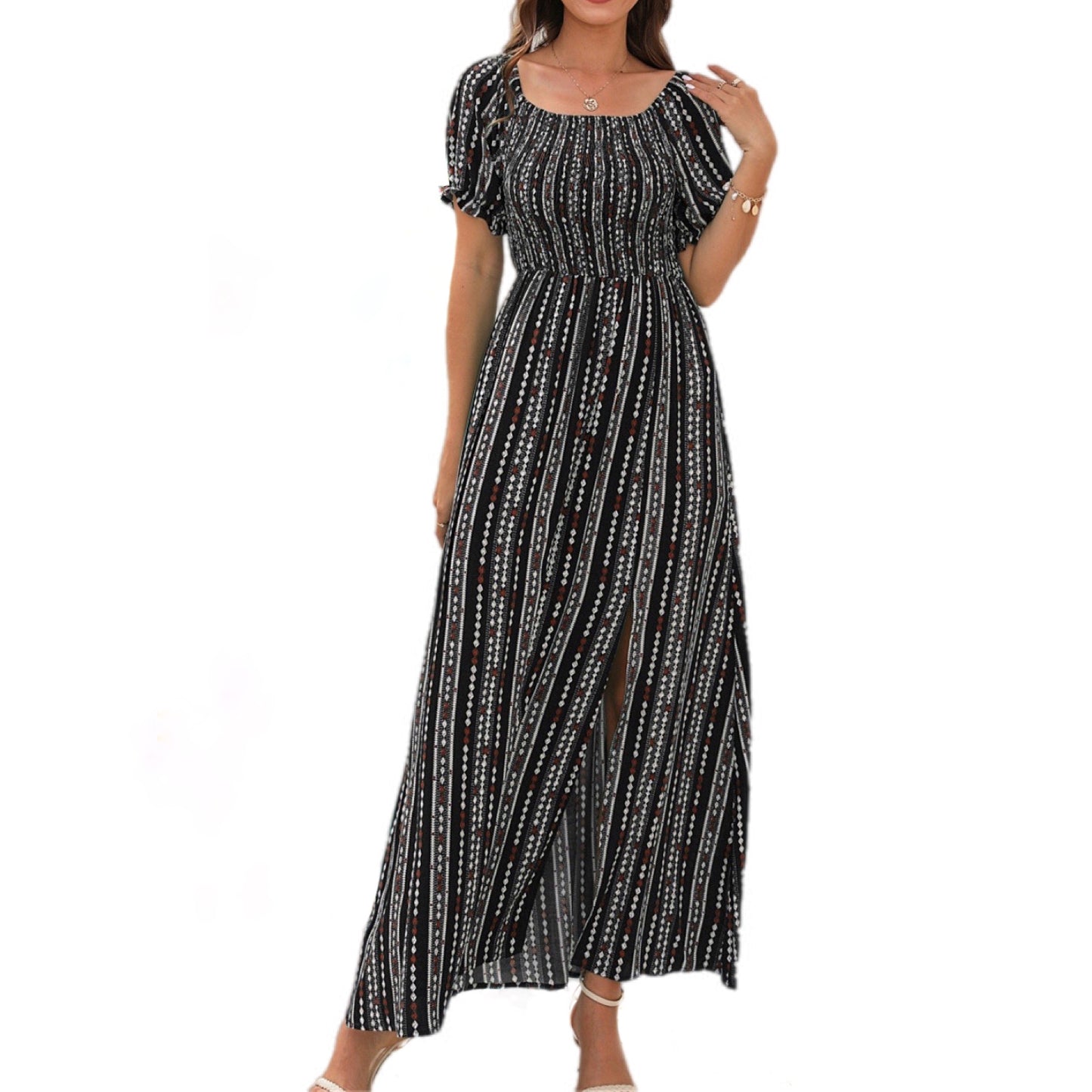 Summer Radiance Slit Printed Short Sleeve Dress