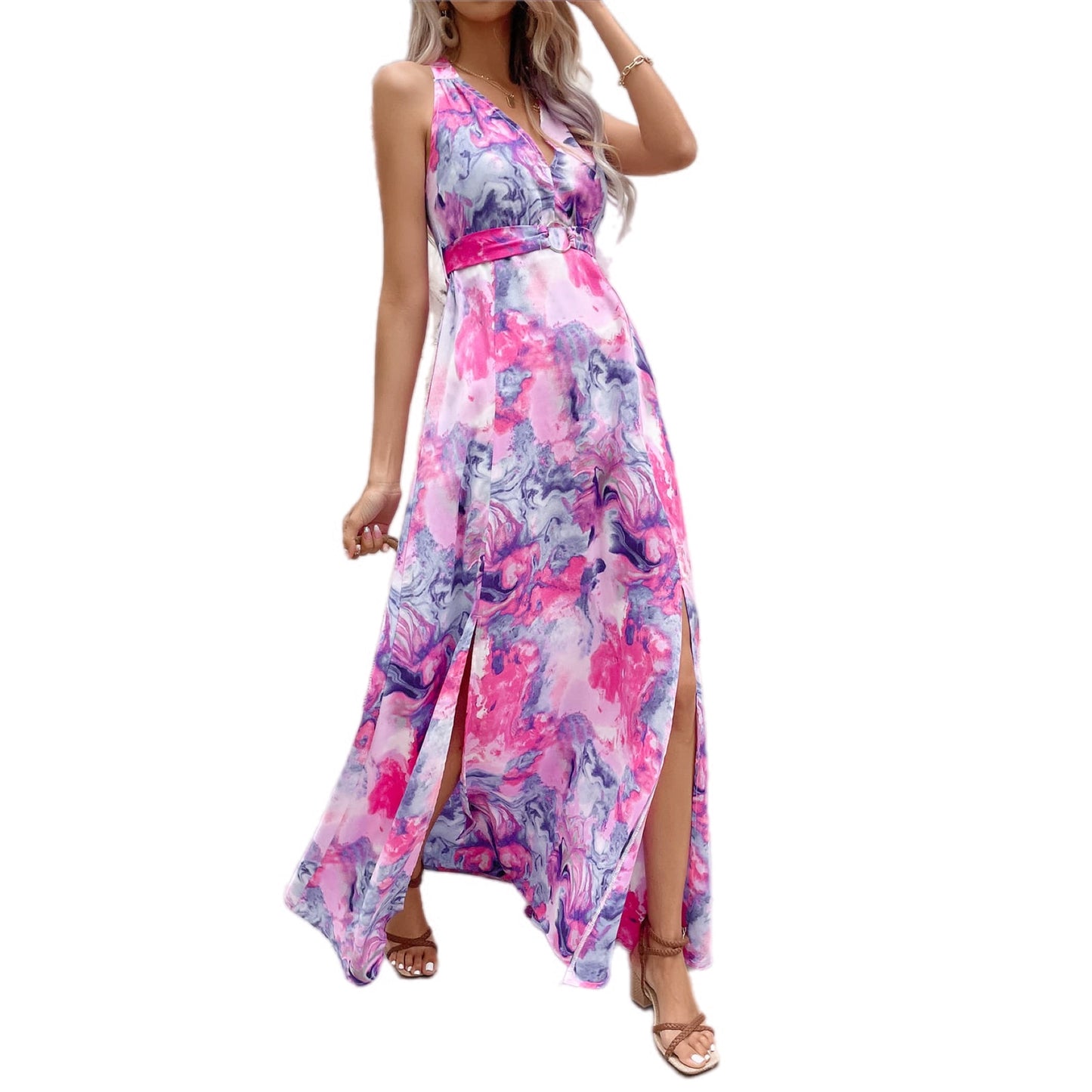 Watercolor Print High-Low Maxi Dress