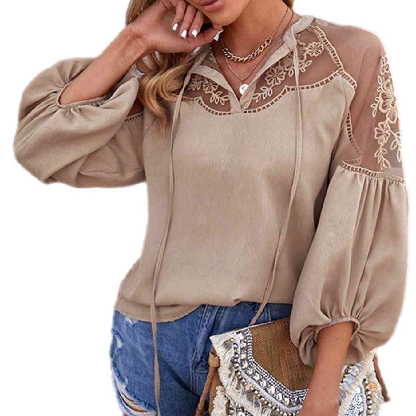 Embroidered Tie-Neck Puff Sleeve Blouse