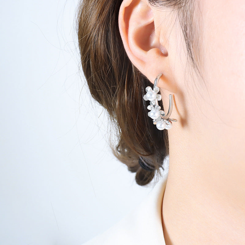 Gold or Silver Steel Flower Hoop Earrings with Pearl Accents