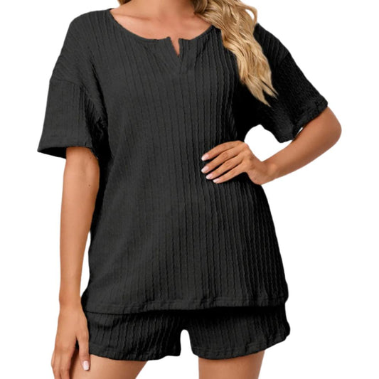 Notched Short Sleeve Top & Shorts Lounge Set