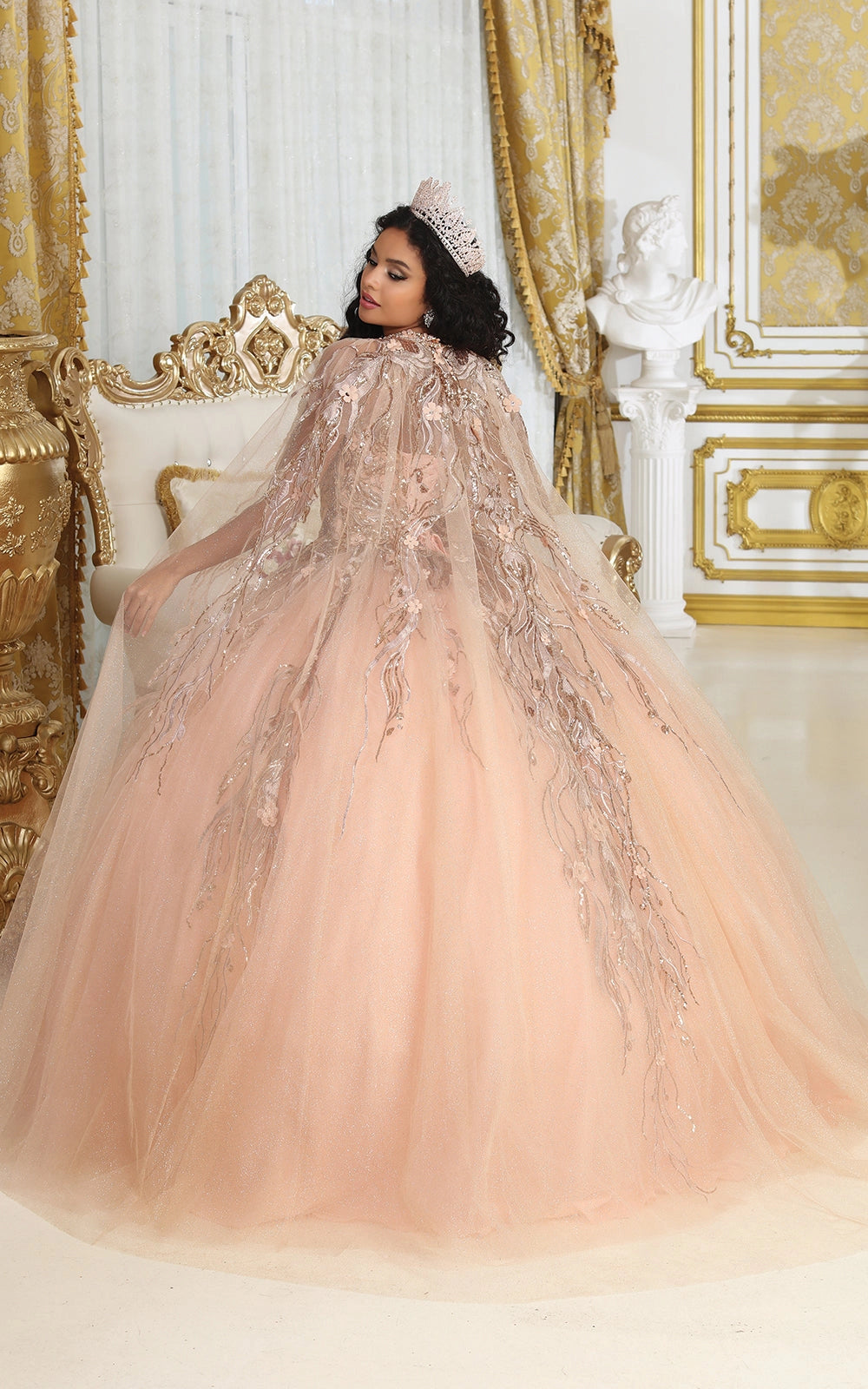 Detachable Cape Embroidered Quinceanera Ball Gown in Rose Gold