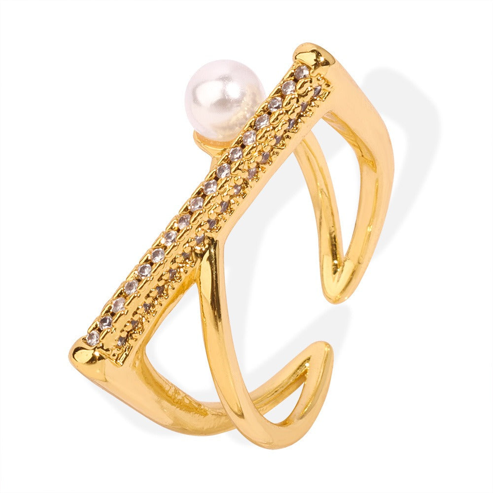 Gold Steel Pearl Bar Ring