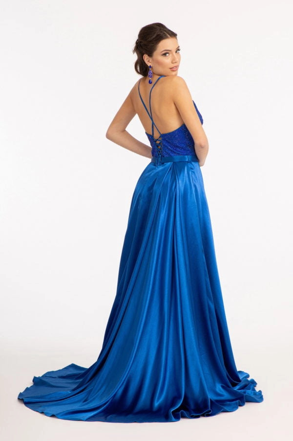 Satin Open Back V-Neck Long Formal Prom Dress