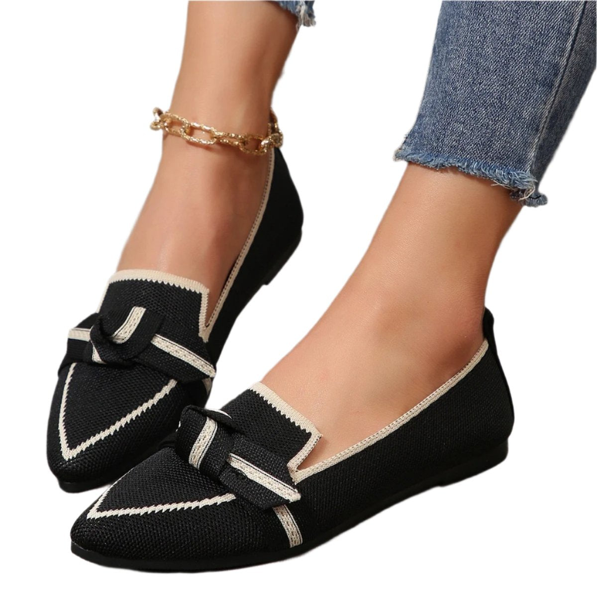 Bow Contrast Trim Point Toe Loafers