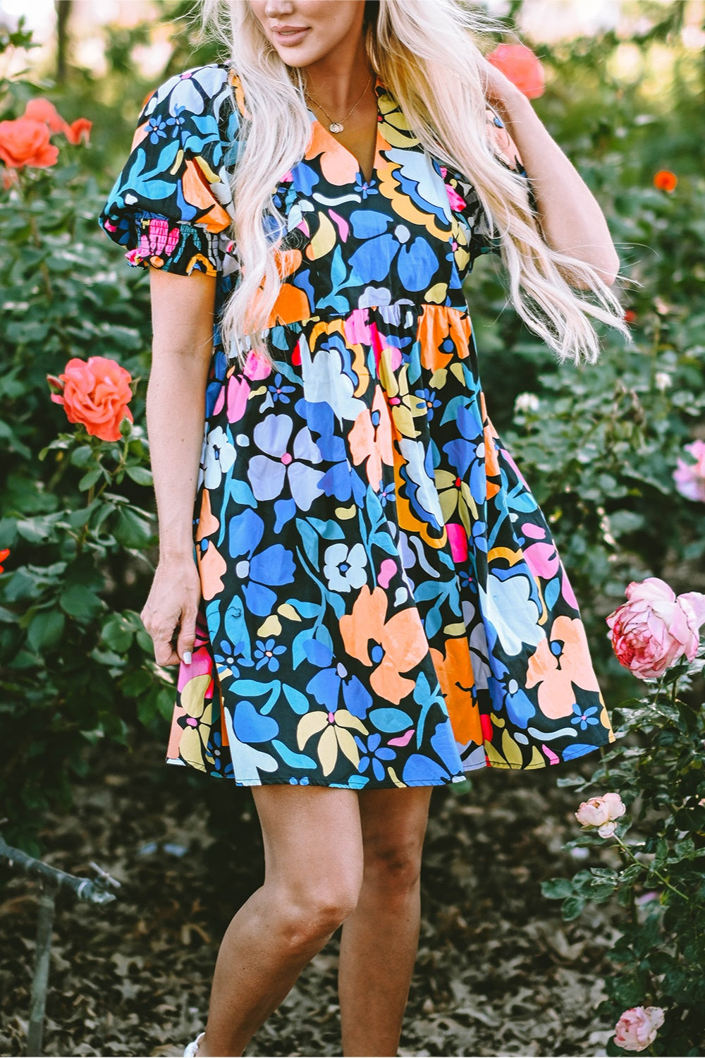 Bold Floral Print Puff Sleeve Dress