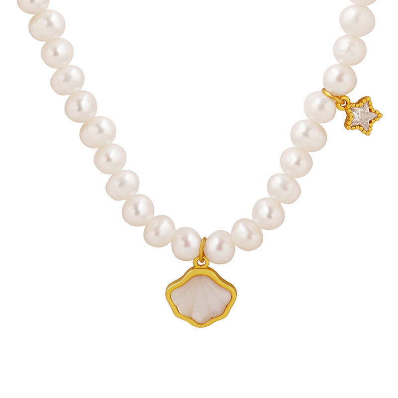 Freshwater Pearl Necklace with Gold Shell Charm